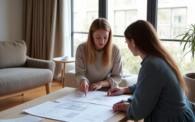 En inredningskonsult som pekar på en ritning med en klient i ett ljust rum