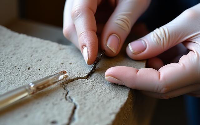 Närbild på en hantverkare som reparerar en skadad stenmöbel